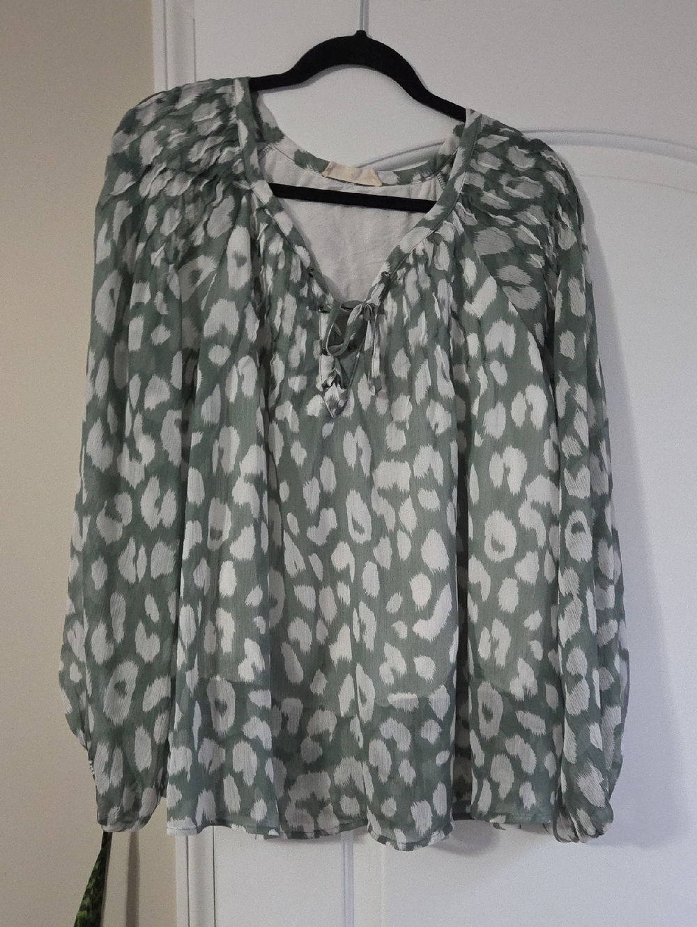 By Together Sage Green and White Animal-Print Tie-Neck Blouse